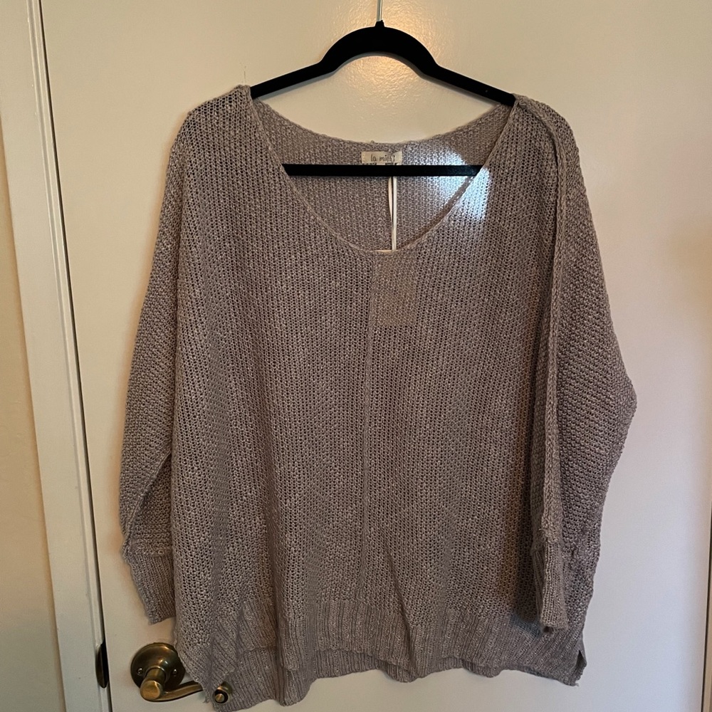Silver Knit Lightweight Sweater With Cuffed Long Sleeves